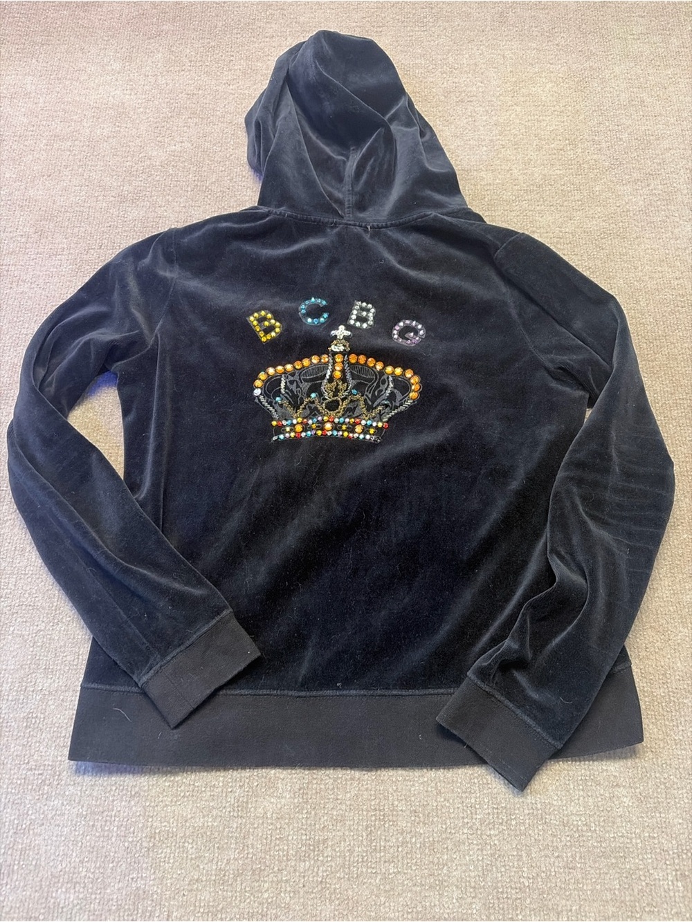 BCBG Black Velvet Zip-Up Hoodie with Jeweled Crown 0925